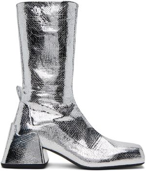 Jil Sander Bottes argentées en cuir de veau lamé et craquelé
