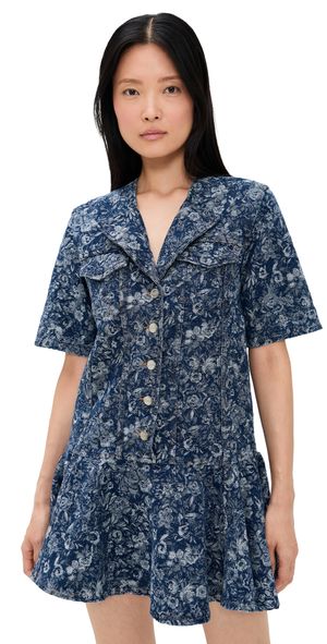 GANNI Tapestry Denim Mini Dress Mid Blue Stone 40