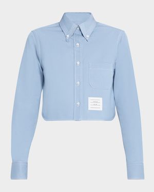 Long-Sleeve Denim Crop Button-Down Shirt