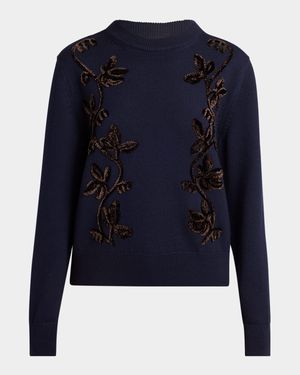 Velvet Floral Embroidered Merino Crewneck Sweater
