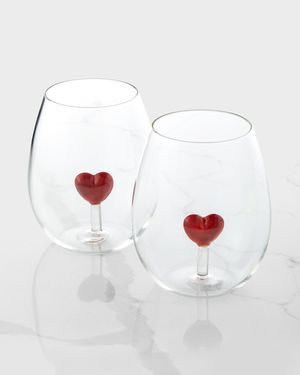 Red Heart Stemless Wine Glasses, Set of 2