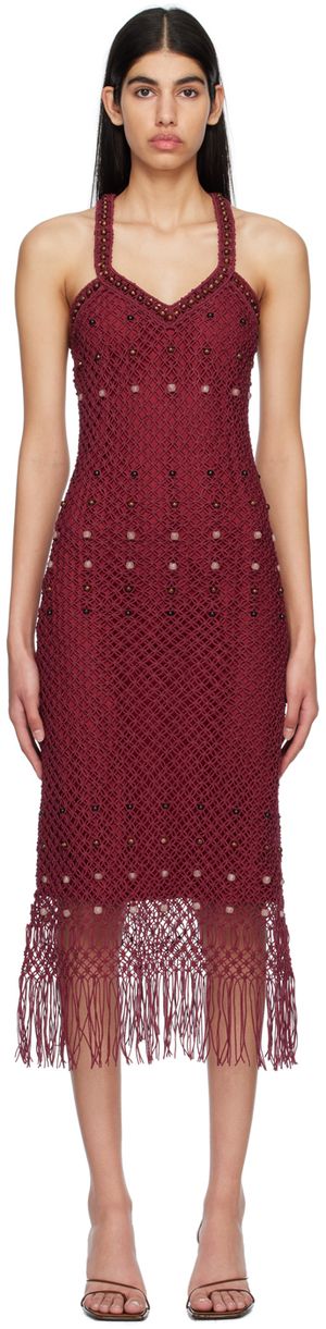 Wales Bonner Burgundy Java Macrame Midi Dress
