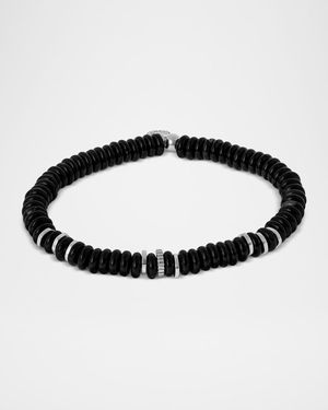 Men's Sterling Silver Disc Gear and Black Agate Beaded Bracelet
