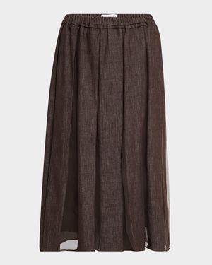 Pleated Denim Midi Skirt with Organza Panels