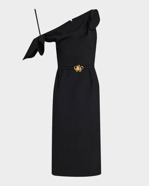 Draped Off-The-Shoulder Belted Wool Dress