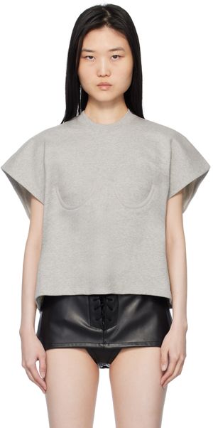 Pushbutton Gray Bra Point Sleeveless Jersey T-shirt