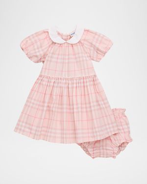 Girl's Check Cotton Dress with Bloomers, Size 1M-18M