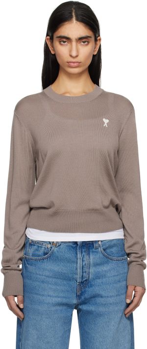 AMI Paris Taupe Wool Ami de Coeur Crew Neck Sweater