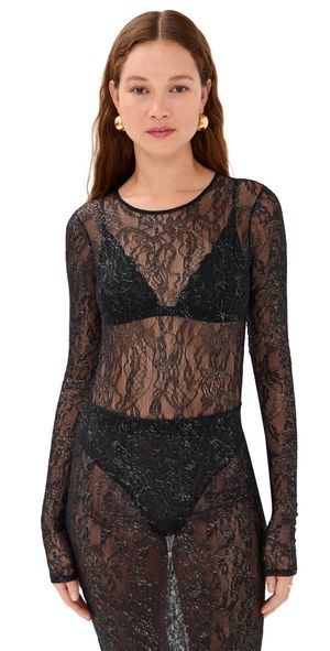 WARDROBE. NYC Lace Thong Bodysuit Black / Silver XS