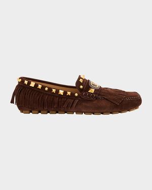 V-Logo Rockstud Suede Fringe Driver Loafers
