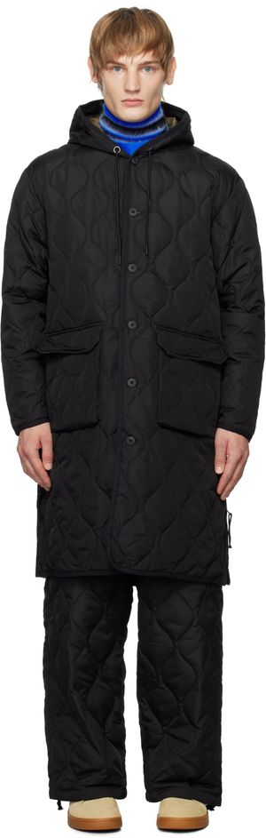 TAION Manteau militaire long noir rembourré en duvet à capuche