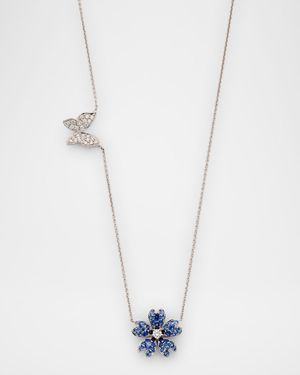 Rainbow 18K White Gold Blue Sapphire Flower & Butterfly Diamond Necklace