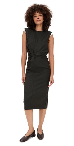 MEIMEIJ Wool Blend Sleeveless Midi Dress with Frayed Shoulder Charcoal 38