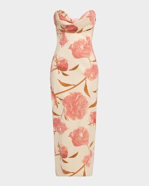 Draped Strapless Floral Sheath Midi Dress