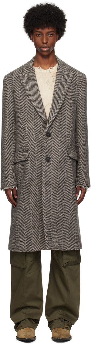Golden Goose Gray Single-Breasted Wool Herringbone Coat