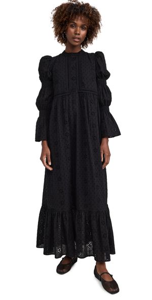 English Factory Embroidered Swiss Dot Maxi Dress Black XS