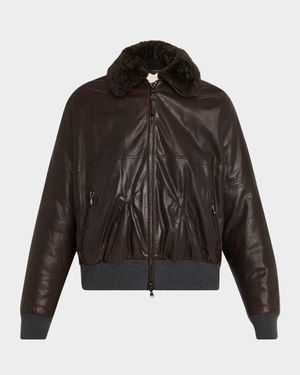 Leather Biker Jacket with Removable Shearling Collar