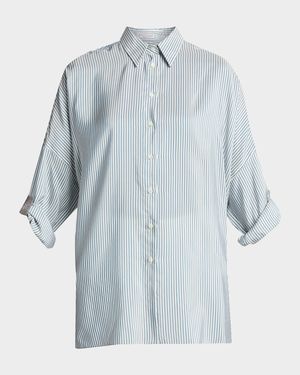 Striped Silk Boyfriend Shirt w/ Monili Trim