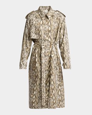 Freanne Snakeskin-Print Linen Belted Trench Coat