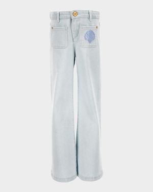 Girl's De La Mer Shell Embroidered Denim Pants, Size 6-14