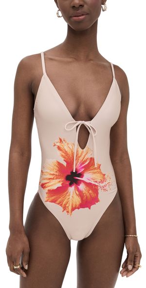 Good American Satin Deep Dive One Piece Champagne Tropical Hibiscus XS