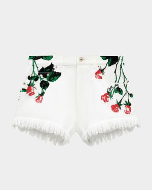 Flower-Print Fringed Peekaboo Denim Shorts