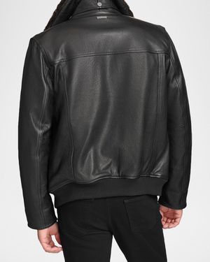 Men's Leather Jacket with Removable Shearling Collar