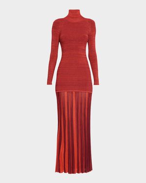 Turtleneck Drop-Waist Pleated Maxi Dress