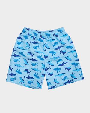 Boy's Shark-Print Swim Shorts, Size 9M-18M