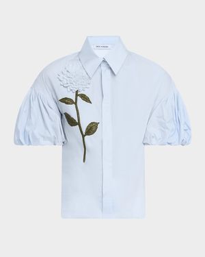 Flower Embellished Puff-Sleeve Button-Down Shirt