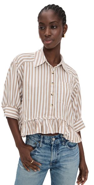 Free People Bailey Stripe Shirt Neutral Combo L
