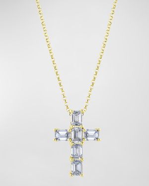 18K Gold 6-Stone Shared Prong Emerald Cut Diamond Cross Necklace, 16"L, 2.00tcw