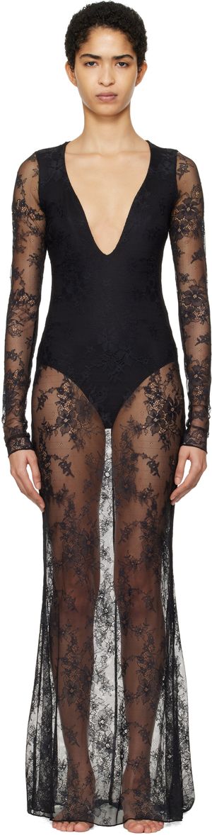 SKIMS Robe longue noire à décolleté plongeant - Ultra Fine Lace