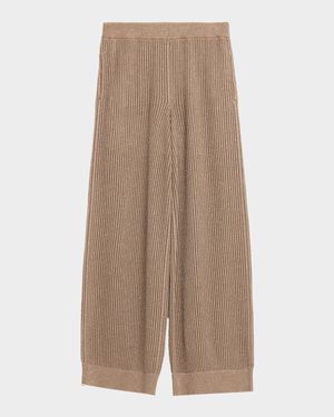 Metallic Cotton Rib Wide-Leg Pull-On Trousers