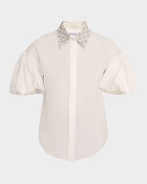 Embroidered Collar Puff-Sleeve Blouse