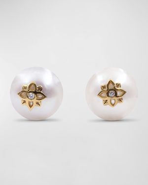 White Pearl and White Diamond Stud Earrings in 18K Gold