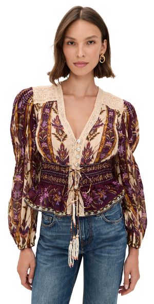 FARM Rio Embroidered Tapestry Sand Long Sleeve Blouse Embroidered Tapestry Sand XXS