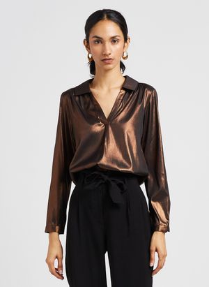 Vila - Chemise Col V effet brillant - Taille 42 - Marron