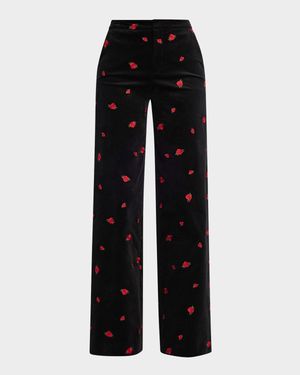 Rose Embroidered Livvy Straight-Leg Velvet Pants