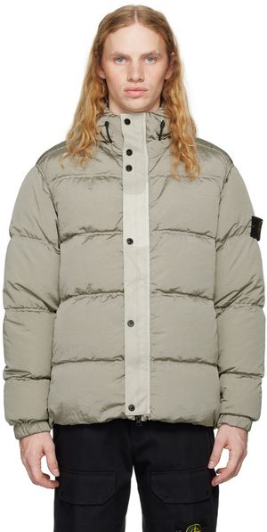 Stone Island Blouson gris métallique rembourré en duvet à capuche