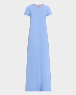 Embellished Neckline Crepe A-Line Gown