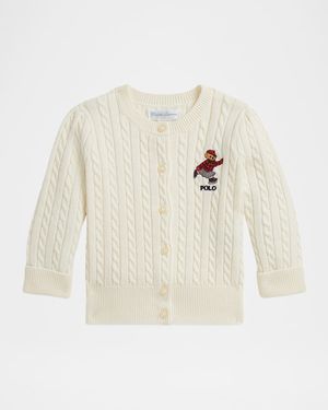 Girl's Polo Bear Mini-Cable Cotton Cardigan, Size 3M-24M