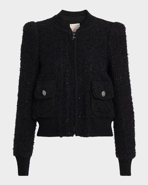 Paillette Tweed Bomber Jacket With Metallic Knit Back
