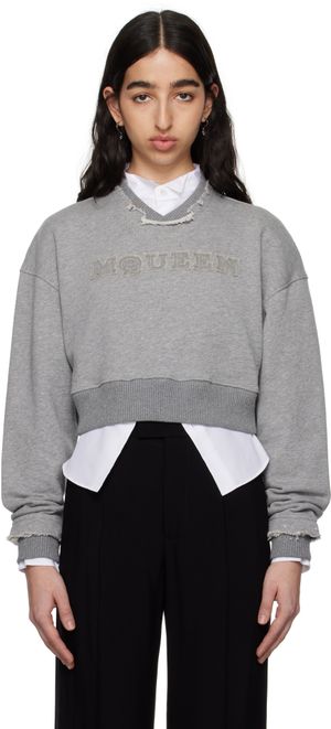 McQueen Gray 'McQueen' Logo Cropped Sweatshirt