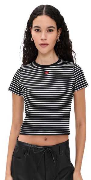 alice + olivia Cindy Embroidered Cropped Tee Black/Off White Stripe XL