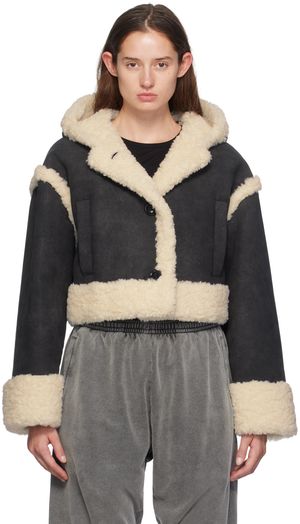 Stand Studio Blouson London noir et blanc cassé en peau retournée synthétique