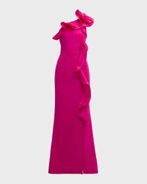 One-Shoulder Ruffle Crepe Gown