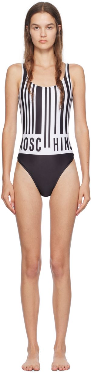 Moschino Maillot de bain blanc et noir à logo Barcode imprimé