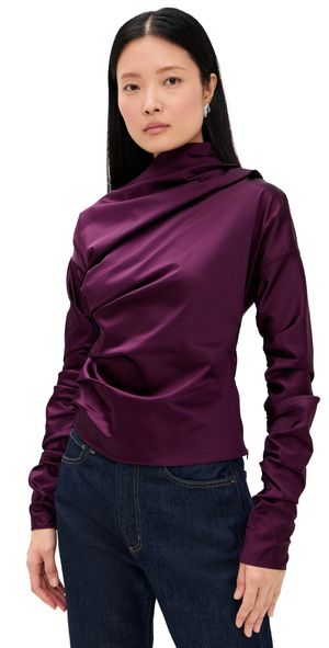 GANNI Technical Stretch Satin Ruched Top Mauve Wine 32