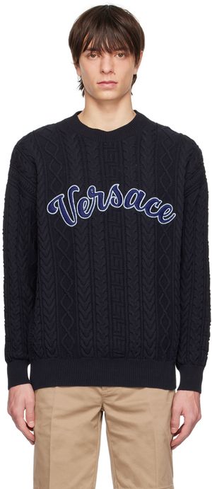 Versace Pull teddy bleu marine à motif à clé grecque